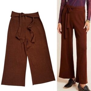 Anthropologie Linette Merino Wool Blend Cropped Wide Leg Brown Tie Waist Pants M